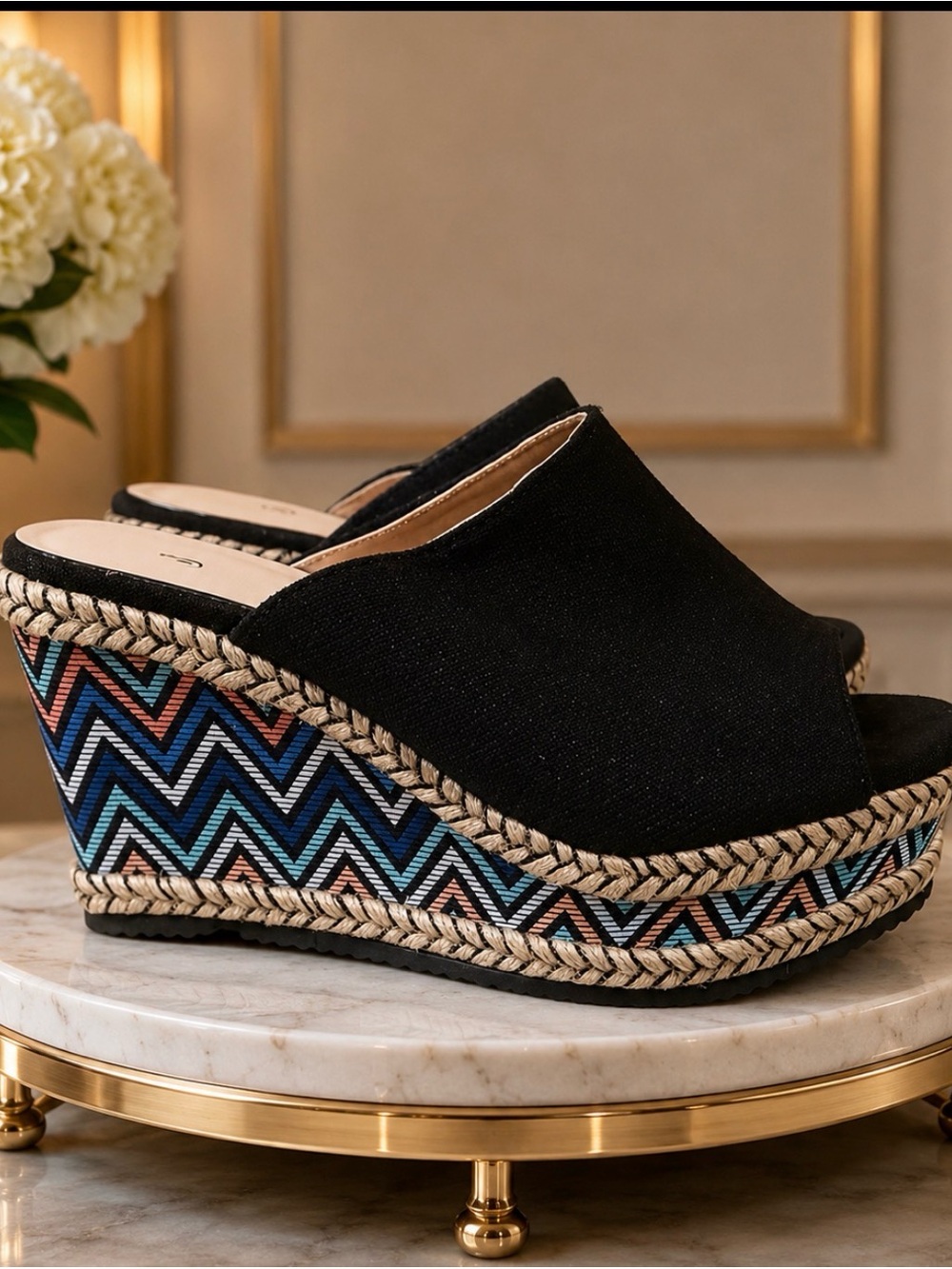 Black Wedge Espadrille Slide with Blue Chevron Detail